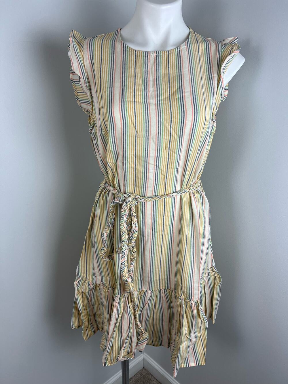Marine Layer Beachy Stripe V2 Laney Stripe Tiered Linen Blend Mini Dress Medium